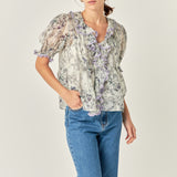 Abstract Floral Print Ruffle Top