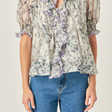 Abstract Floral Print Ruffle Top