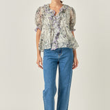 Abstract Floral Print Ruffle Top