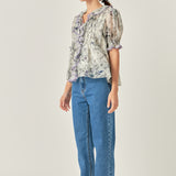 Abstract Floral Print Ruffle Top