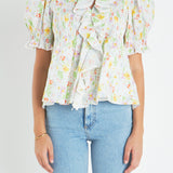 Abstract Floral Print Ruffle Top