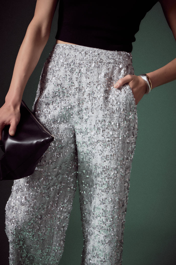 Beige Cotton Blend Sequin Knit Culotte Pants