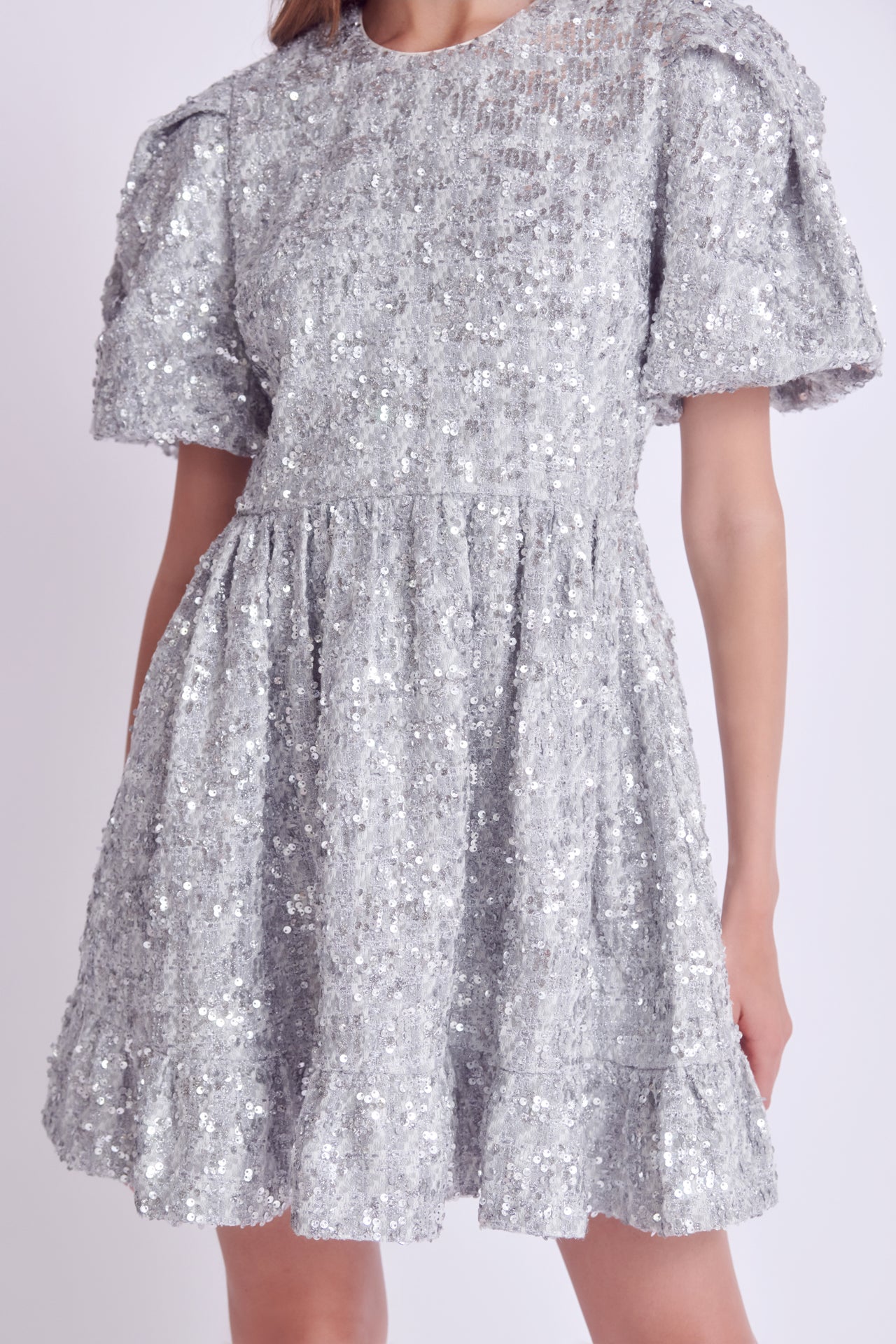 Sequin Tweed Tiered Mini Dress English Factory Sequin Tweed Tiered Mini Dress English Factory