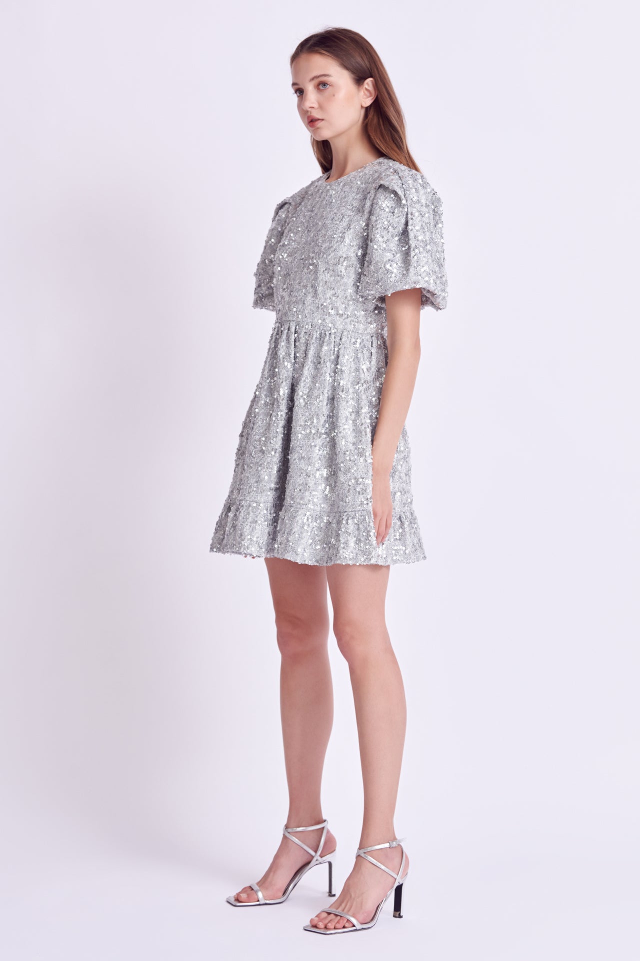 Sequin Tweed Tiered Mini Dress English Factory Sequin Tweed Tiered Mini Dress English Factory