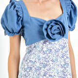 Denim Combo Floral Print Maxi Dress