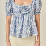Floral Print Top With Flower