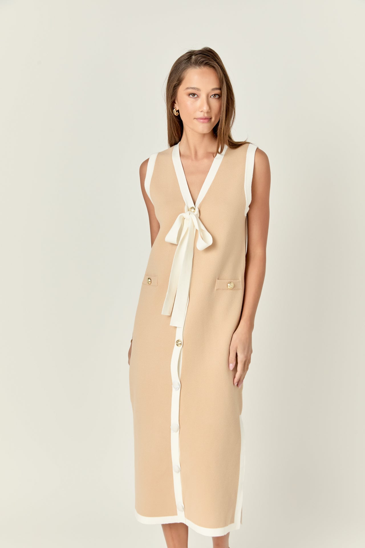 Knit Sleeveless Midi Dress With Ribbon Tie – English Factory