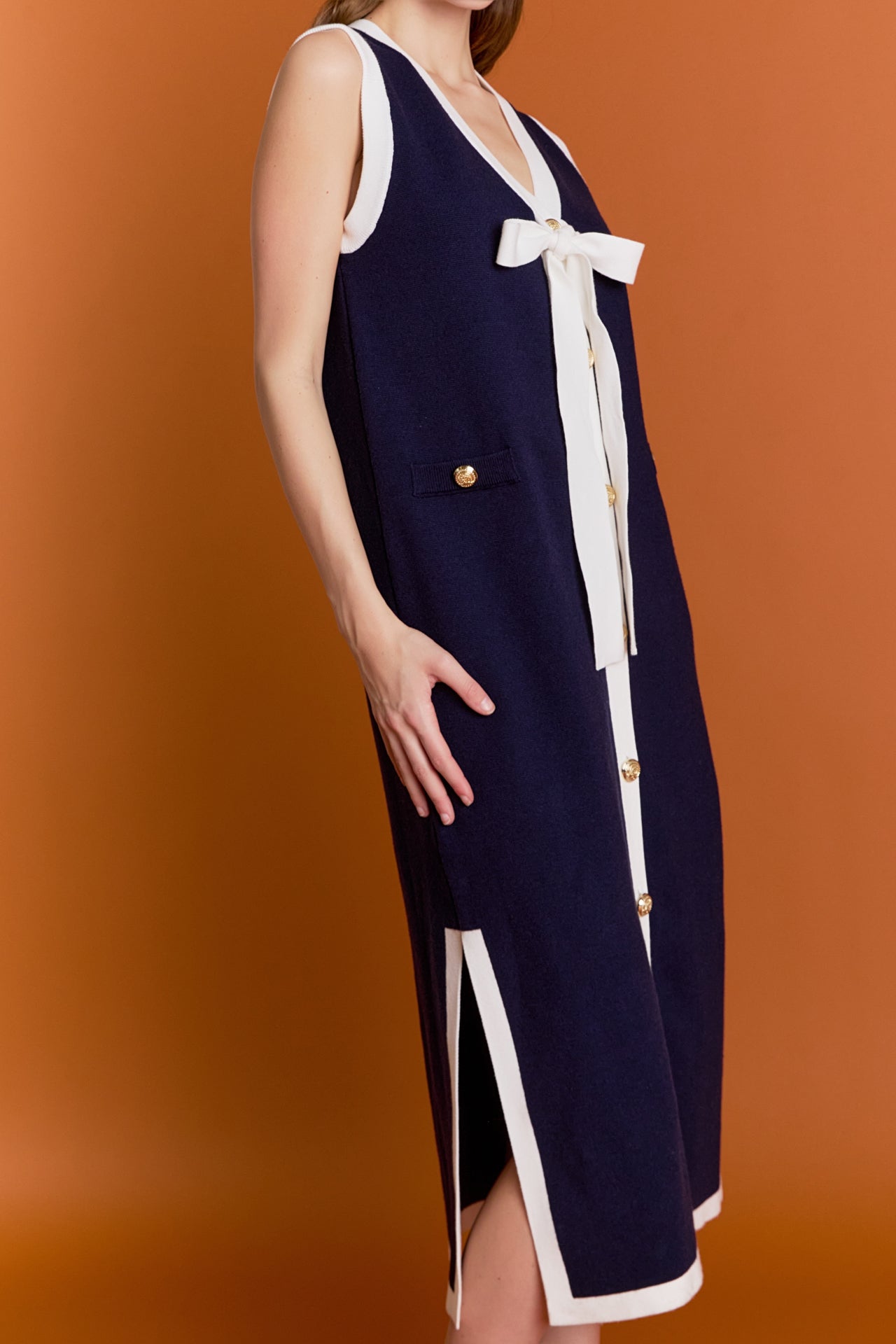 English Factory Women's Knit Midi Dress With Ribbon Tie - NAVY/WHITE English Factory Women's Knit Midi Dress With Ribbon Tie - NAVY/WHITE