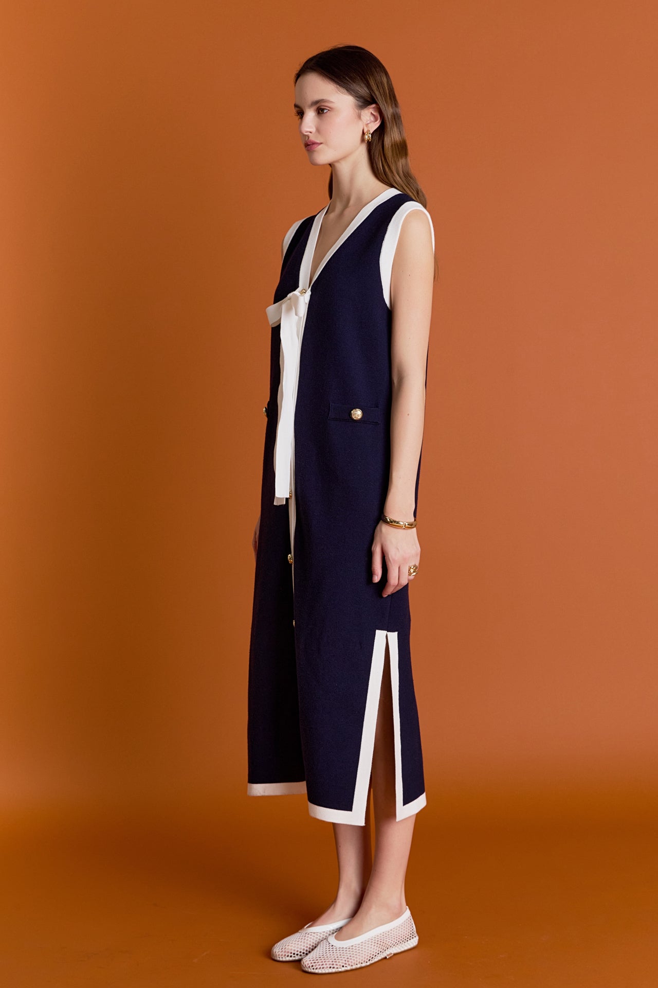 English Factory Women's Knit Midi Dress With Ribbon Tie - NAVY/WHITE English Factory Women's Knit Midi Dress With Ribbon Tie - NAVY/WHITE