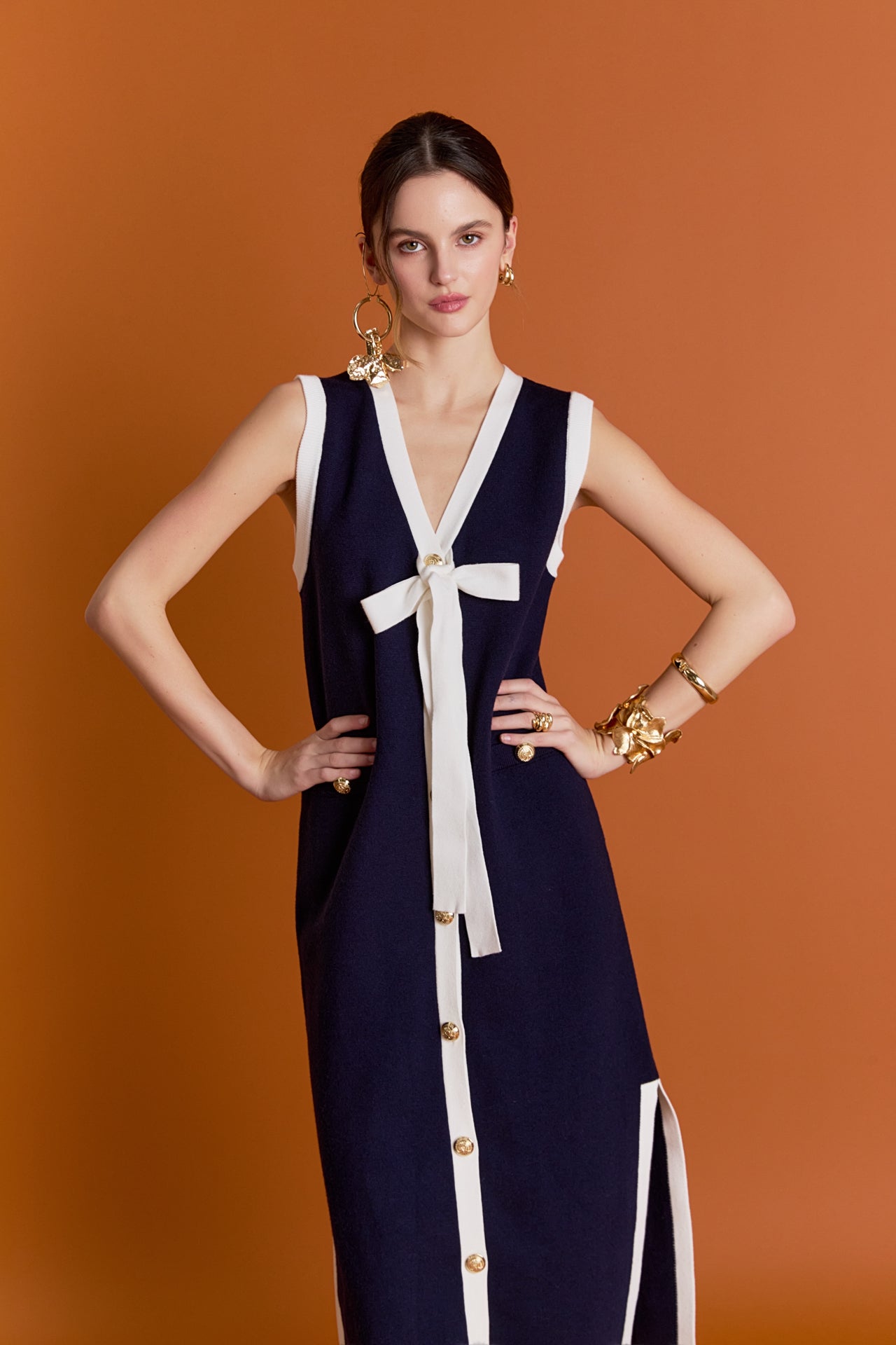 English Factory Women's Knit Midi Dress With Ribbon Tie - NAVY/WHITE English Factory Women's Knit Midi Dress With Ribbon Tie - NAVY/WHITE