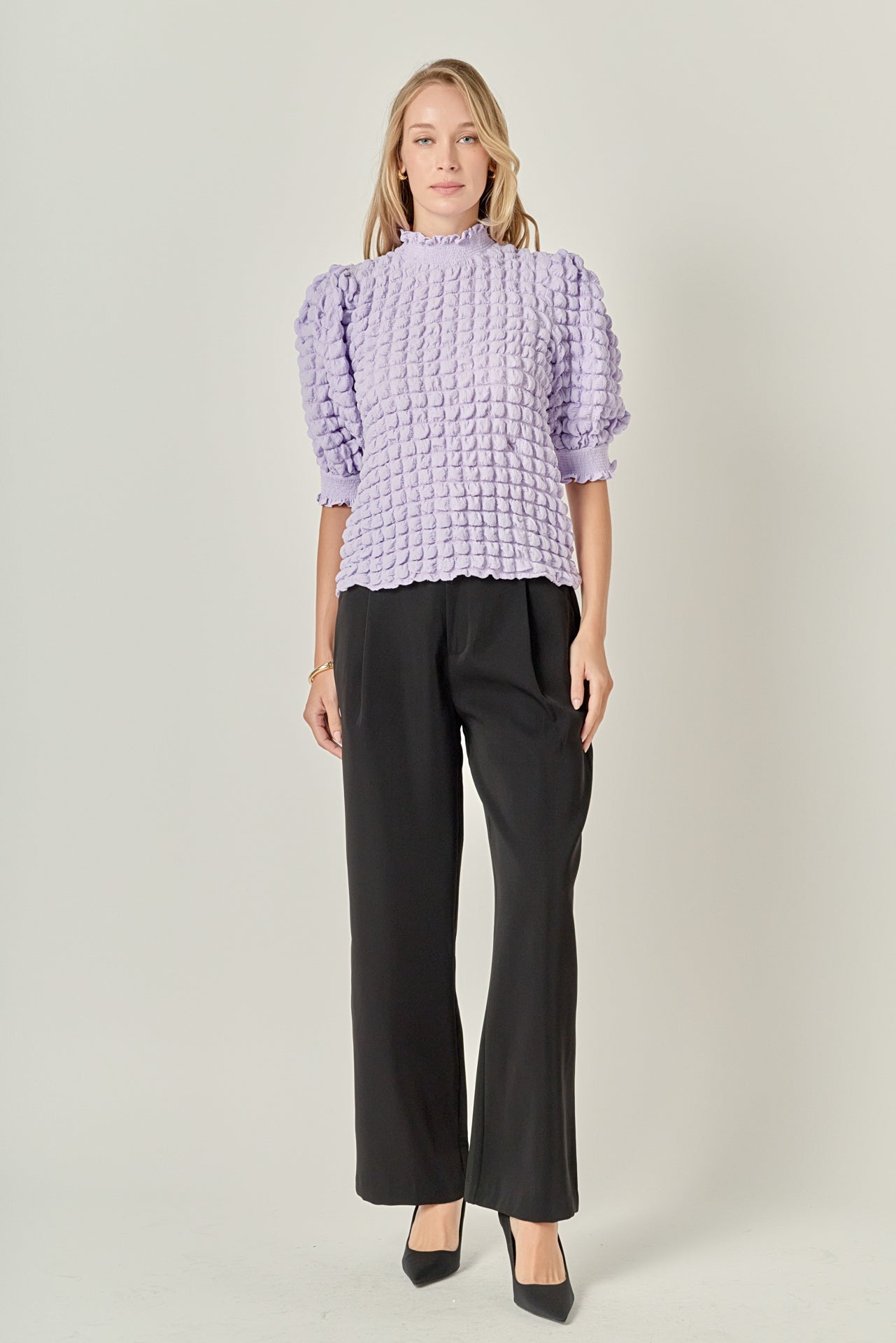 Textured Mock Neck Short Sleeve Blouse