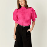 Textured Mock Neck Ruffled Short Sleeve Blouse