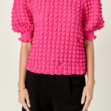 Textured Mock Neck Ruffled Short Sleeve Blouse