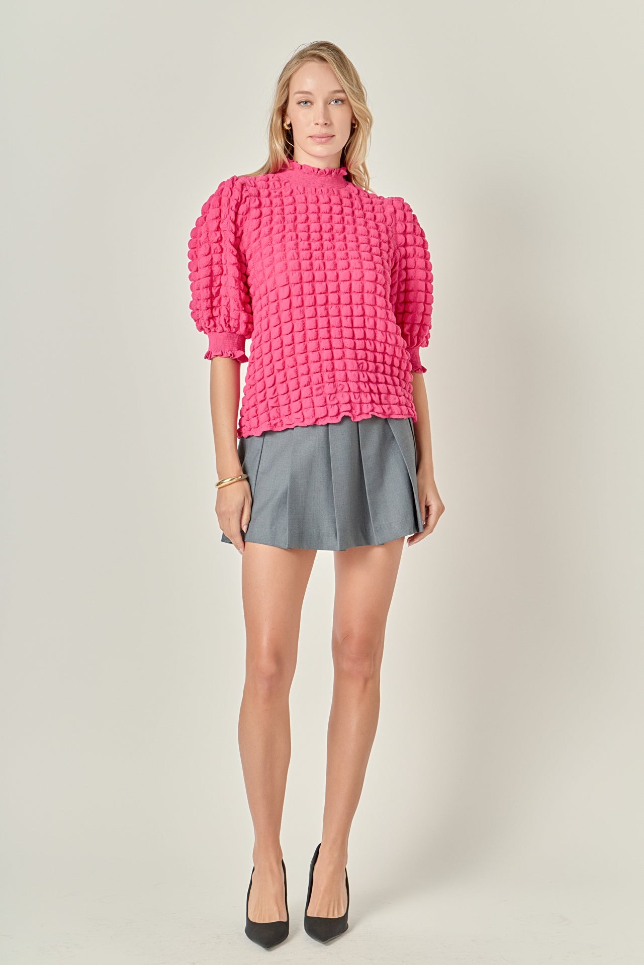 Textured Mock Neck Short Sleeve Blouse