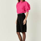 Textured Mock Neck Ruffled Short Sleeve Blouse