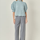 Textured Mock Neck Short Sleeve Blouse