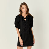 Laced Up Puffed Sleeve Mini Dress