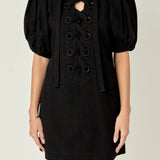 Laced Up Puffed Sleeve Mini Dress