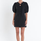 Laced Up Puffed Sleeve Mini Dress