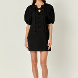 Laced Up Puffed Sleeve Mini Dress