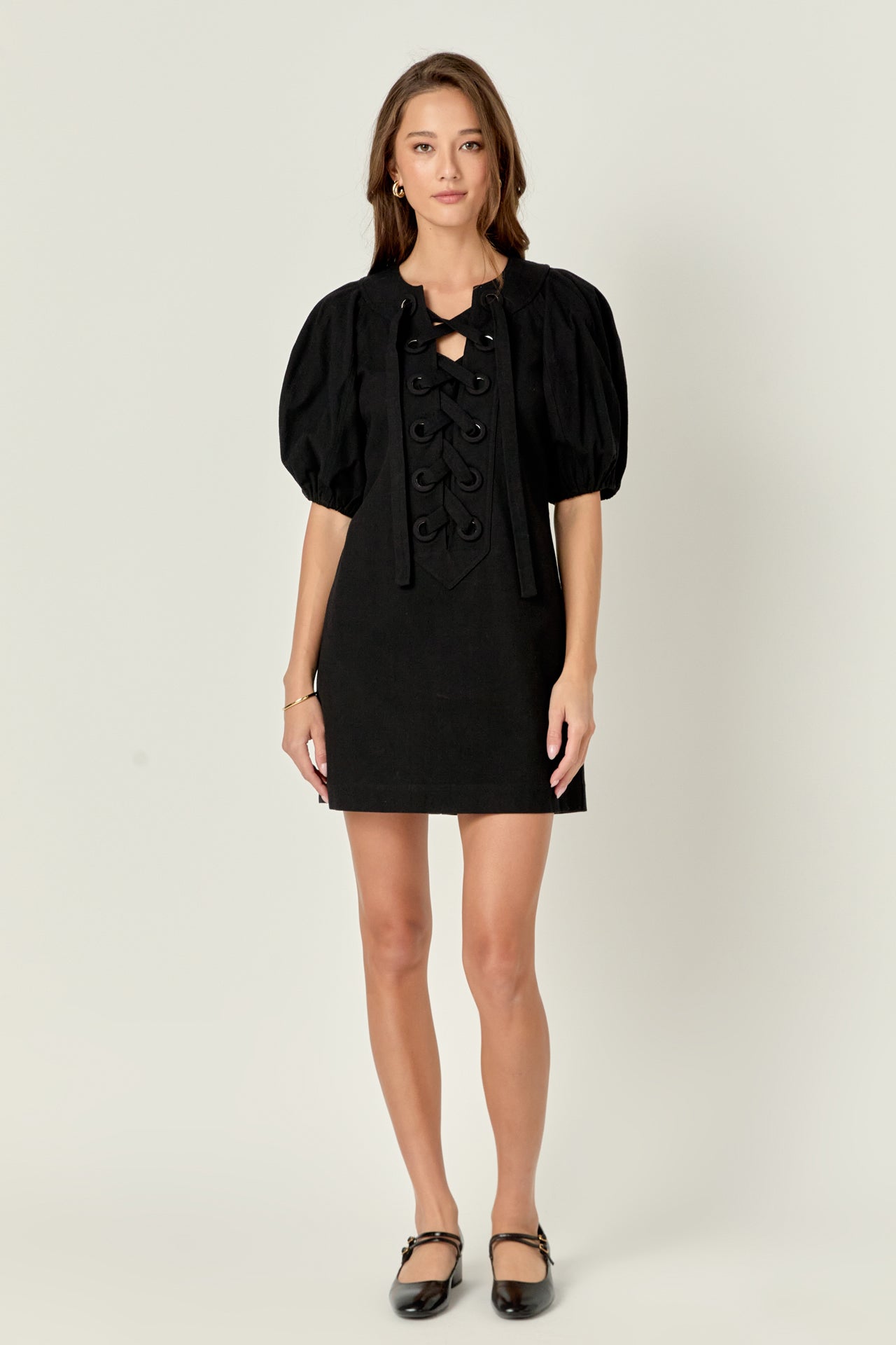 Laced Up Puffed Sleeve Mini Dress