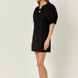 Laced Up Puffed Sleeve Mini Dress