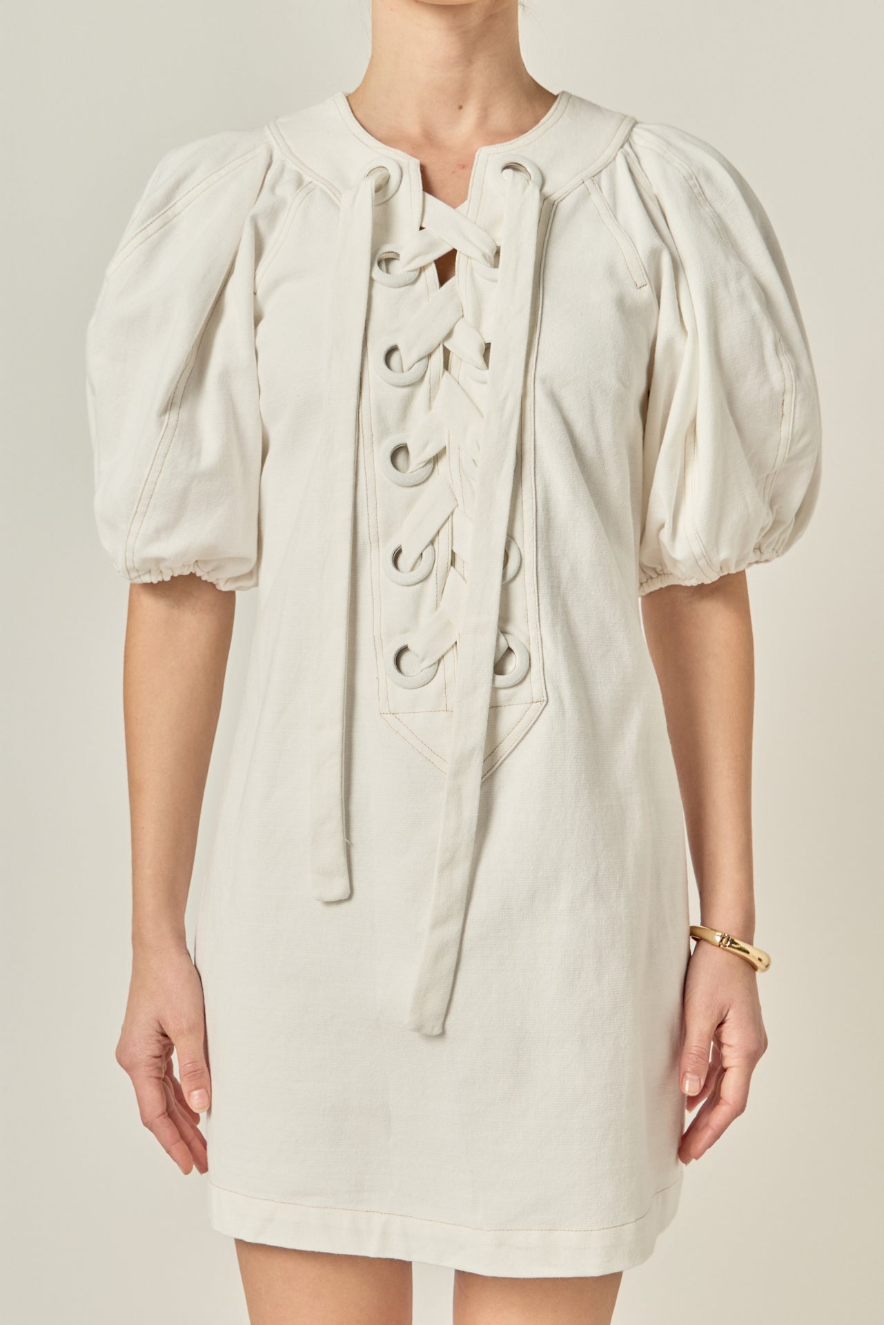 English Factory - Laced Up Puffed Sleeve Mini Dress Off White / M English Factory - Laced Up Puffed Sleeve Mini Dress Off White / M