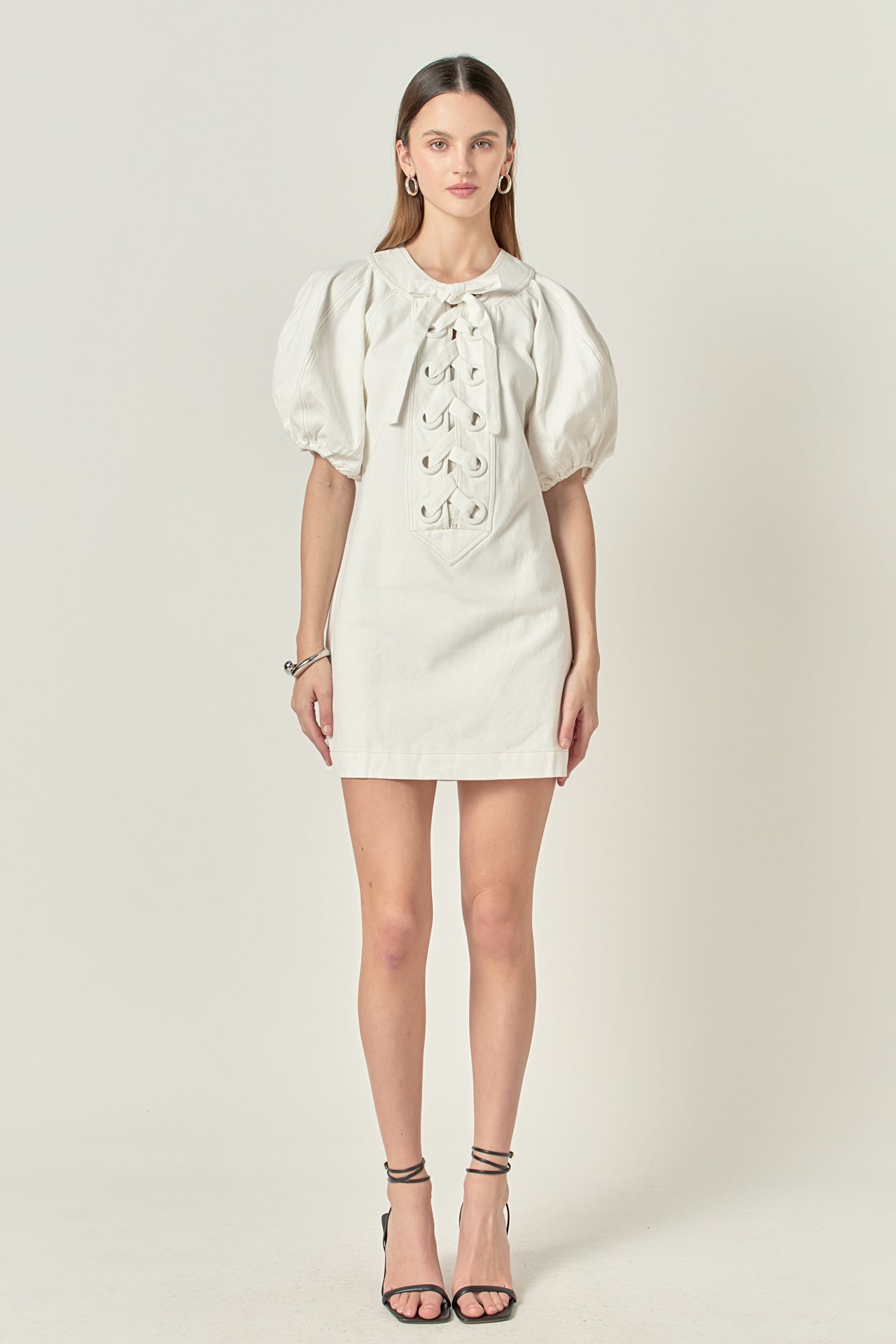 English Factory - Laced Up Puffed Sleeve Mini Dress Off White / M English Factory - Laced Up Puffed Sleeve Mini Dress Off White / M