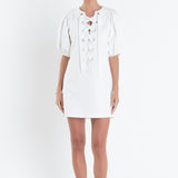 Laced Up Puffed Sleeve Mini Dress