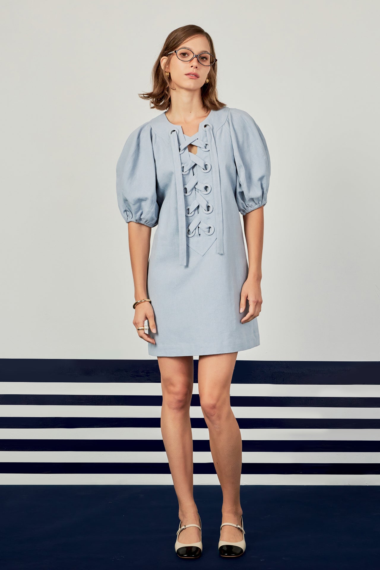 Laced Up Puffed Sleeve Mini Dress