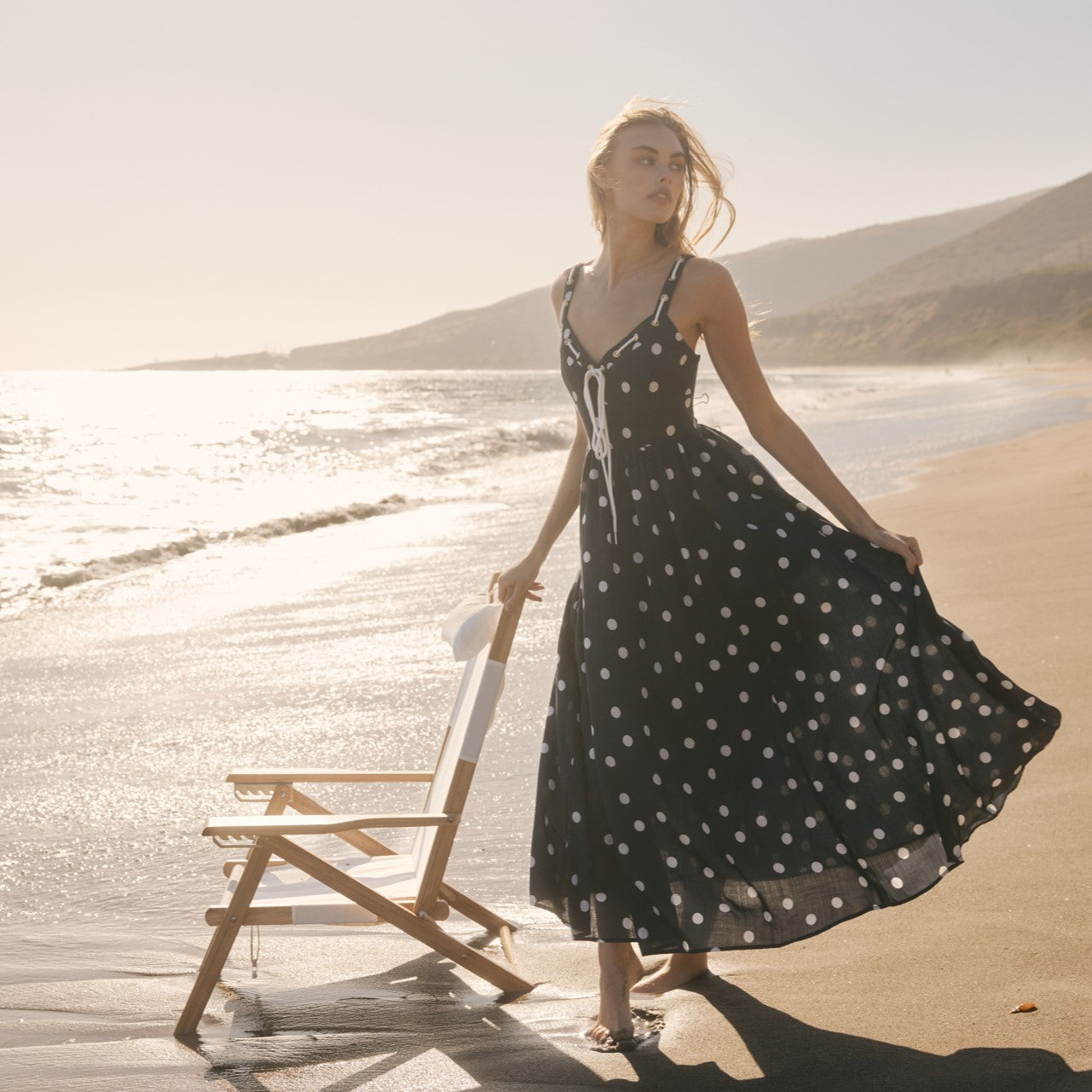 Polka Dot Lace-Up Maxi Dress
