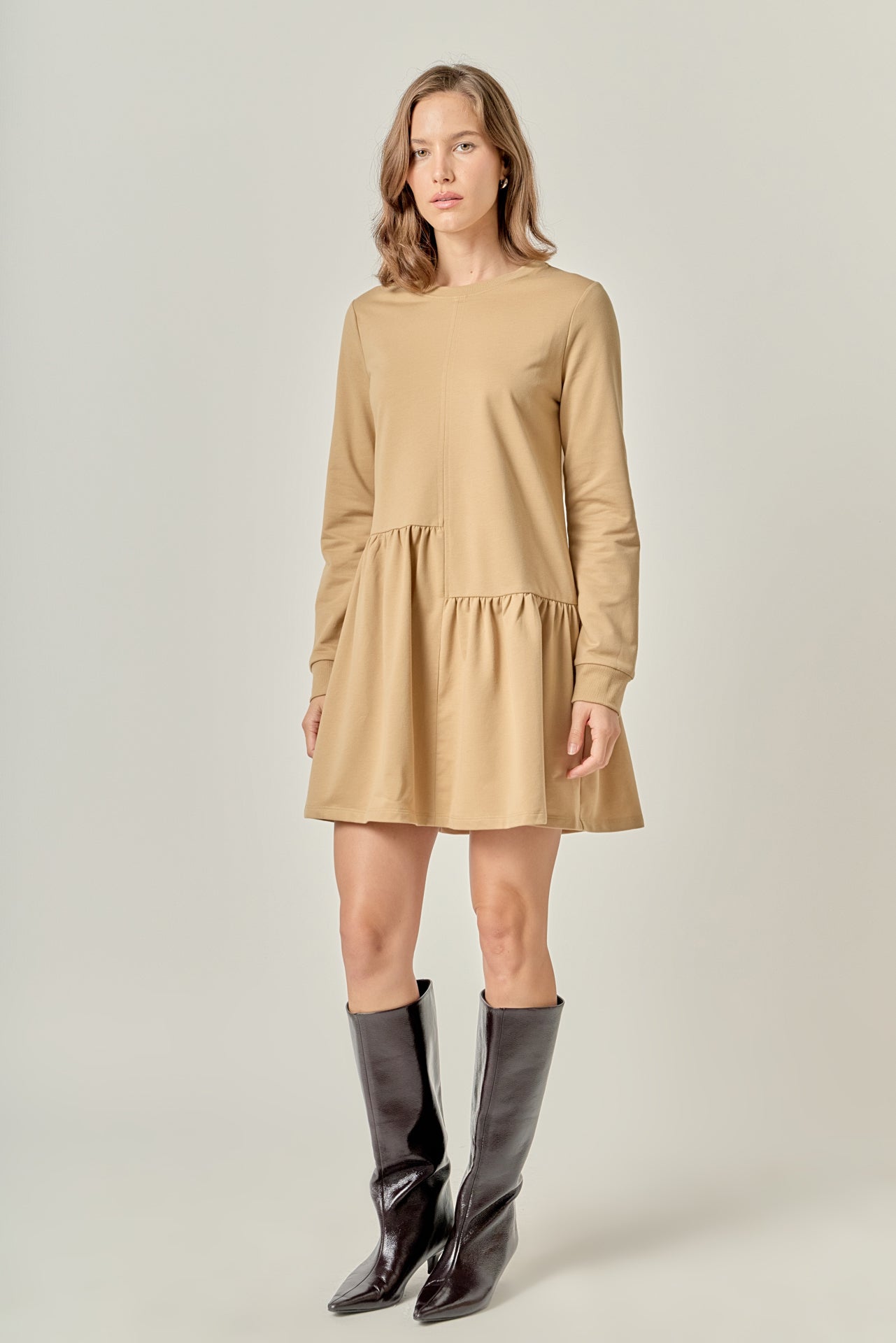 English Factory - Knit Unbalanced Seam Dress Tan / S English Factory - Knit Unbalanced Seam Dress Tan / S