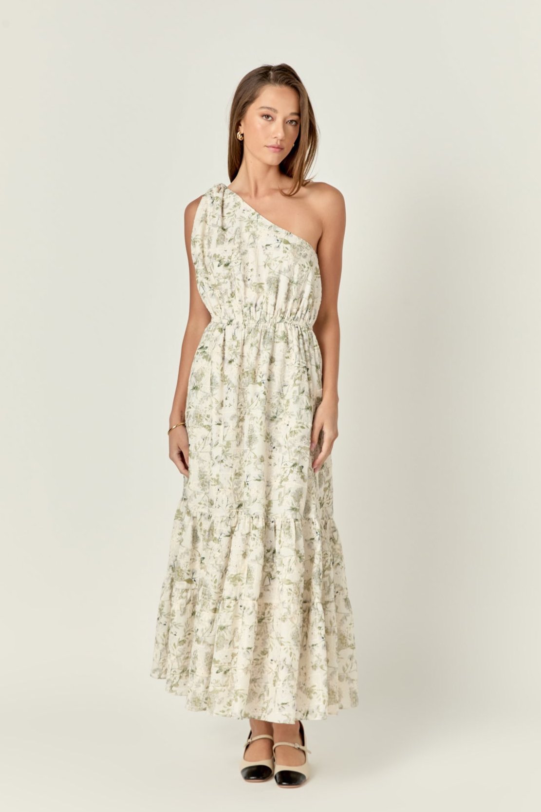 English Factory - Floral Embroidery One Shoulder Maxi Dress GREEN MULTI / S English Factory - Floral Embroidery One Shoulder Maxi Dress GREEN MULTI / S