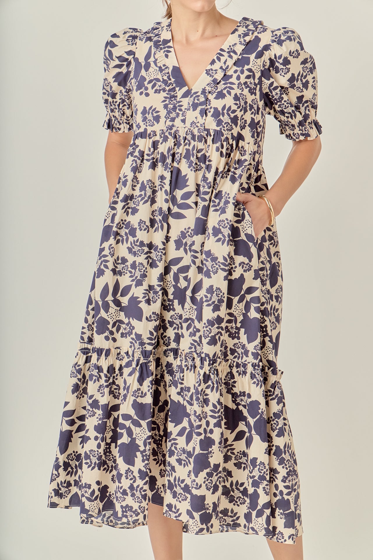 V-Neck Floral Puff Sleeve Tiered Midi Dress English Factory V-Neck Floral Puff Sleeve Tiered Midi Dress English Factory
