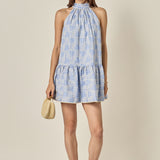Striped Embroidered Halter Mini Dress