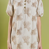 Ginkgo Embroidery Puff Sleeve Mini Dress
