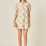 Ginkgo Embroidery Puff Sleeve Mini Dress