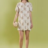Ginkgo Embroidery Puff Sleeve Mini Dress