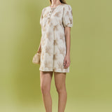 Ginkgo Embroidery Puff Sleeve Mini Dress