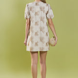 Ginkgo Embroidery Puff Sleeve Mini Dress