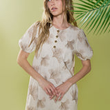 Ginkgo Embroidery Puff Sleeve Mini Dress