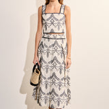 Embroidered Linen Blend Midi Skirt