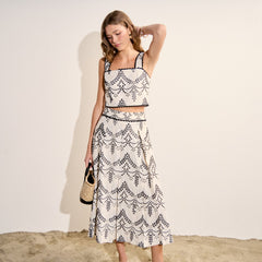 Embroidered Linen Blend Midi Skirt