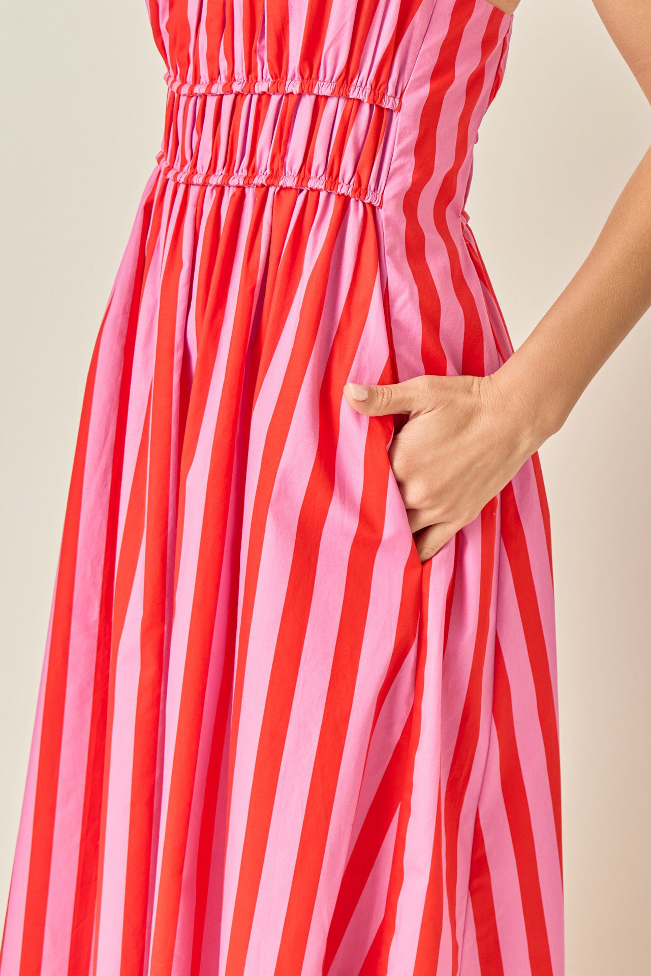 red and pink striped dress English Factory Women's Stripe Sleeveless Maxi Dress