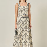 Embroidered Linen Blend Midi Skirt