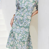 Floral Scallop Edge Puff Sleeve Midi Dress
