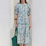 Floral Scallop Edge Puff Sleeve Midi Dress