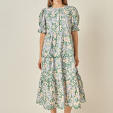 Floral Scallop Edge Puff Sleeve Midi Dress