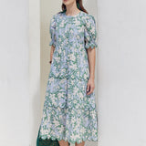 Floral Scallop Edge Puff Sleeve Midi Dress