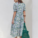 Floral Scallop Edge Puff Sleeve Midi Dress